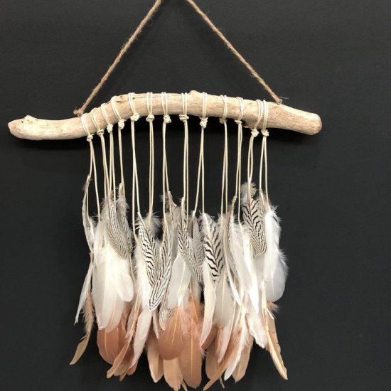 Natural feathers decoratively tied to a piece of drift wood.